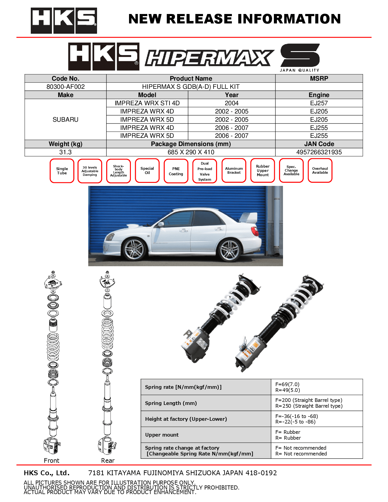 SUBARU IMPREZA WRX 02-07/IMPREZA WRX STI 2004 - HKS HIPERMAX S SERIES