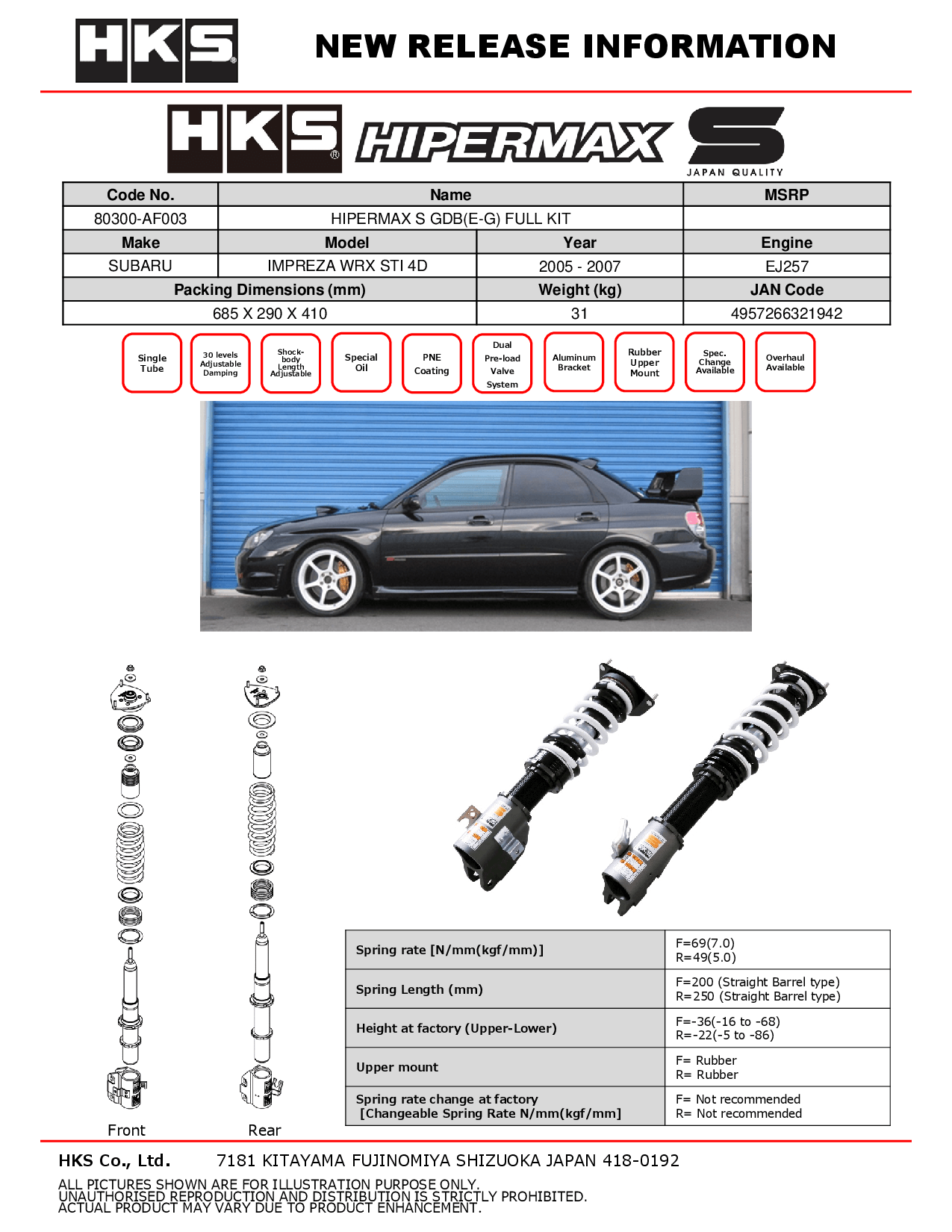 SUBARU IMPREZA WRX STI 05-07 SEDAN- HKS HIPERMAX S SERIES