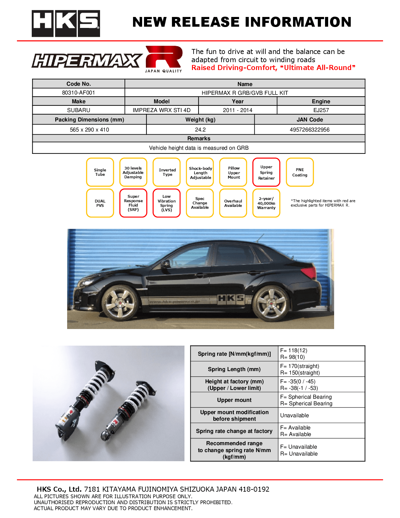 SUBARU IMPREZA WRX STI 11-14 SEDAN - HKS HIPERMAX R COILOVER