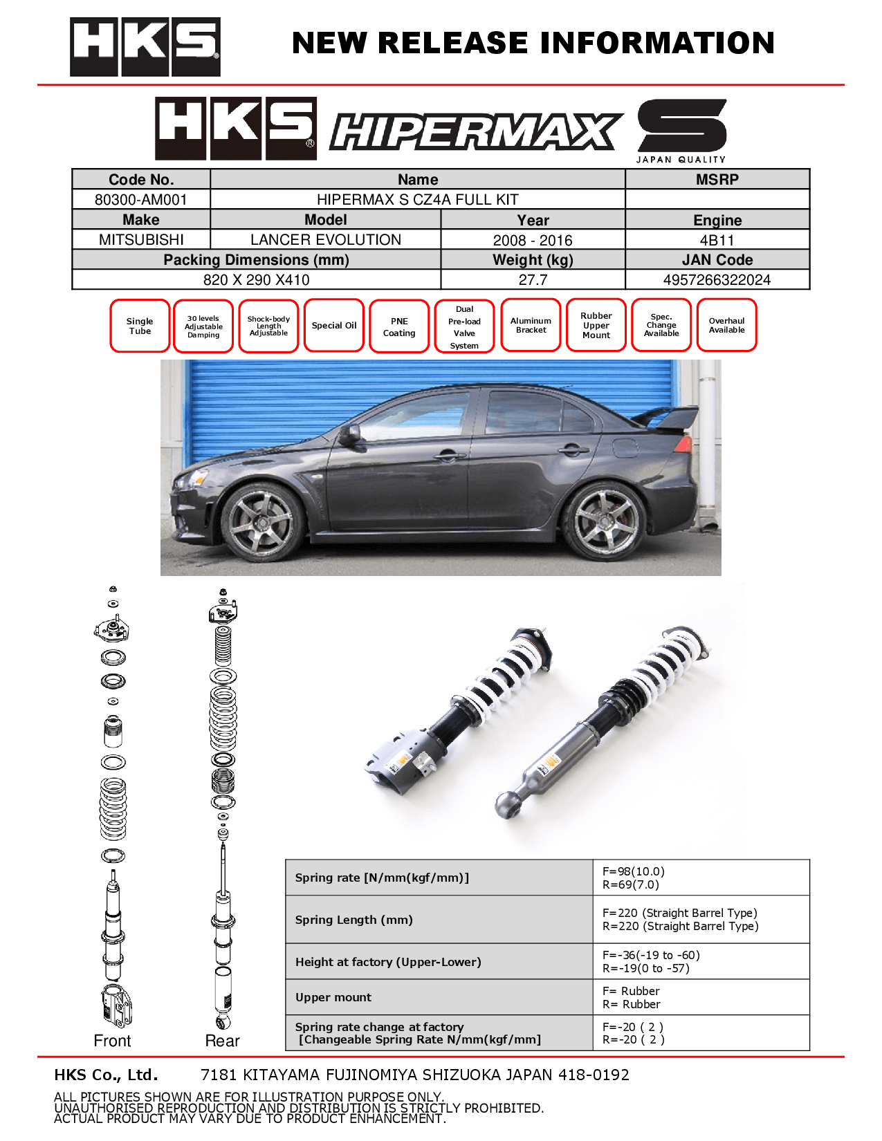 MITSUBISHI LANCER EVO 10 08-16 - HKS HIPERMAX S SERIES