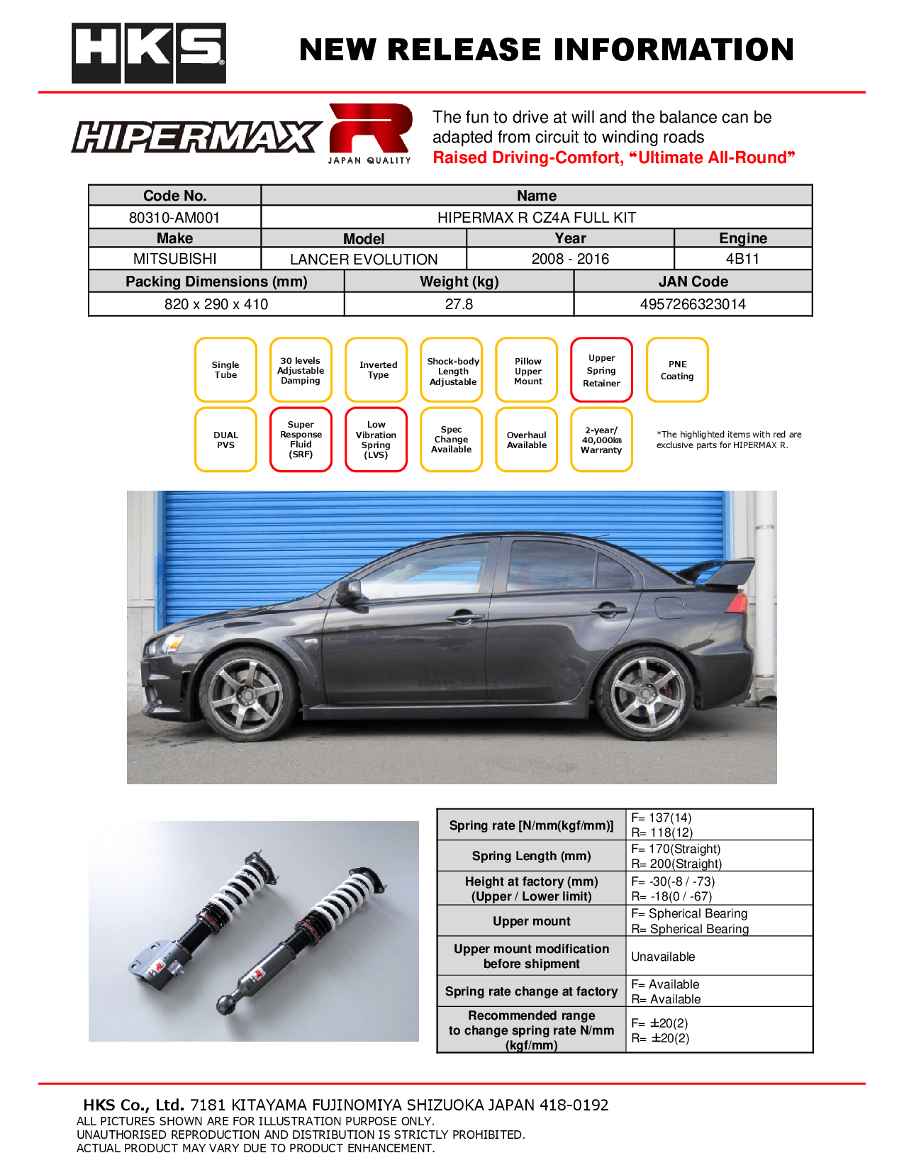 MITSUBISHI LANCER EVO 10 08-16 - HKS HIPERMAX R COILOVER